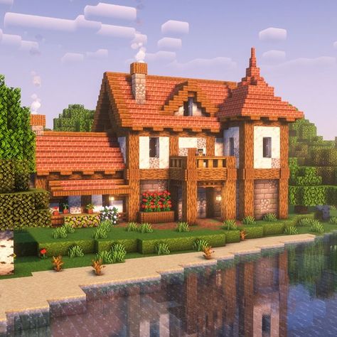 A medium-sized survival house for your Minecraft world! Big Minecraft Houses Survival, Minecraft Survival Starter House, Big Minecraft Cottage, Minecraft House Exterior Ideas, Brick Minecraft Houses, Minecraft Big Base, Minecraft Survival Base Ideas, Minecraft Asian Builds, Big Minecraft Builds