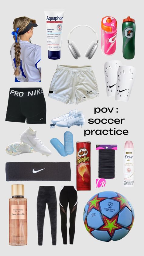 soccer practice Soccer Trip Packing List, Soccer Bag Essentials List, Outfits For Soccer Practice, Soccer Outfit Ideas, What To Pack In Your Soccer Bag, Soccer Essentials Girls Products, Outfits For Soccer Games, Soccer Tryouts Outfits, What’s In My Soccer Bag