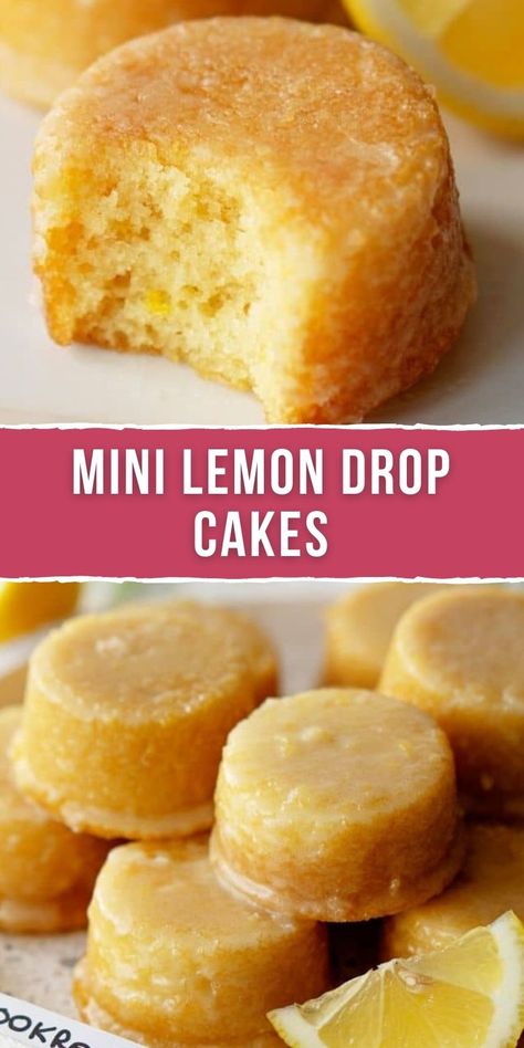 MINI LEMON DROP CAKES Pinterest Desserts, Drop Cake, Lemon Cakes, Lemon Brownies, Lemon Drops, Lemon Dessert Recipes, Bite Size Desserts, Lemon Glaze, Lemon Cookies