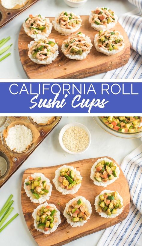 These California Roll Sushi Cups are much easier to make than your tradition sushi rolls, but pack all the amazing flavors! via @familyfresh California Roll Dip, California Roll Casserole, Sushi In Muffin Tin, Crispy Rice California Roll, Asparagus Sushi Rolls, Crispy Rice Sushi Cups, Asian Food For Party, Shrimp Sushi Cups, California Roll Sushi Bake