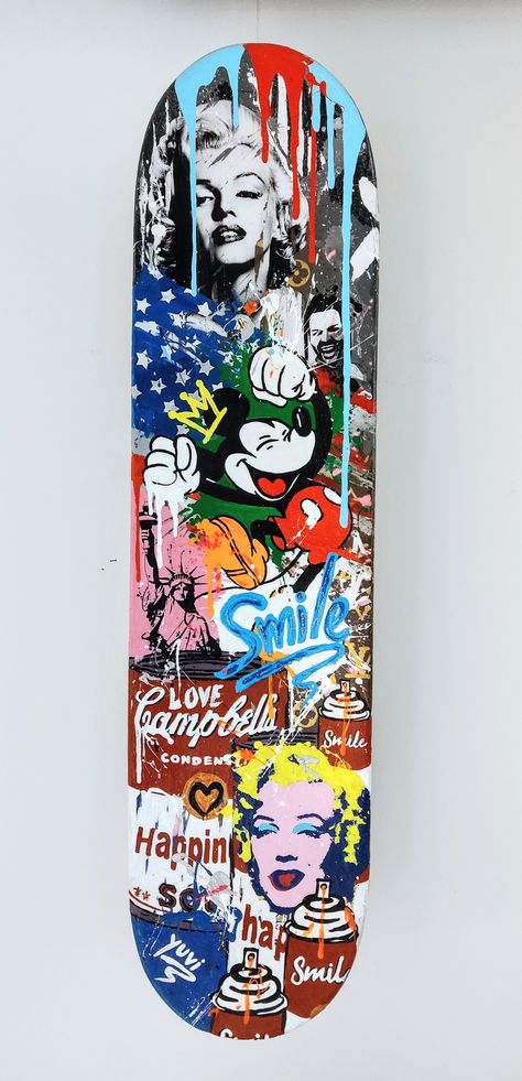 This is an original Pop Skateboard Deck Art Sculpture by Israeli pop artist Yuvi. It is painted on a real skateboard in a pop street art style with graffiti. It contains many recognizable pop culture figures such as the Statue of Liberty, Mickey Mouse, Marilyn Monroe and more. The artwork is signed by Yuvi on the other side of the Skateboard. We ship worldwide! Skateboard Pop Art, Street Art Skateboard, Skateboard Graffiti Art, Skateboard Design Ideas, Skateboard Chair, Skateboards Design, Paint Skateboard, Skate Deck Art, Skateboard Artwork