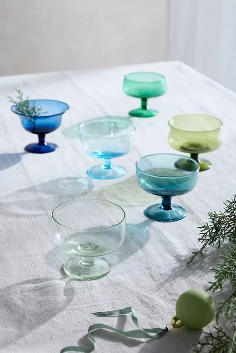 Hanukkah Décor and More | Anthropologie Vintage Glassware Wedding, Seaglass Wedding, Dainty Desserts, Bubbly Drinks, Blue Drinking Glasses, Sea Glass Wedding, Wedding Glassware, Chanukah Decor, Christmas Inspo