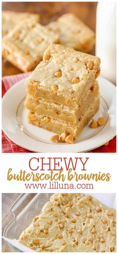 Chewy butterscotch brownies have a brown sugar base and are filled with butterscotch chips. They are rich and absolutely yummy! #butterscotchbrownies #butterscotchblondies #brownies #butterscotch #blondies Butterscotch Brownies, Butterscotch Blondies, Triple Chocolate Chip Cookies, Dinner Desserts, Donut Dessert, Blondies Recipe, Slow Cooker Desserts, Dessert Bar Recipe, Delicious Brownies