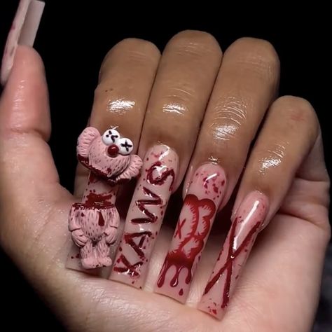 Kaws Nails, Disney Halloween Nails, Holloween Nails, Spooky Nails, Acrylic Toe Nails, Halloween Acrylic Nails, Long Acrylic Nail Designs, Hard Nails, Drip Nails