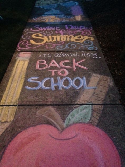 Back to School sidewalk chalk Chalk Messages Sidewalk School, Welcome Back To School Sidewalk Chalk, Sidewalk Chalk Art Back To School, First Day Of School Chalk Art, Welcome Back To School Chalk Art, Interactive Chalk Art, First Day Of School Sidewalk Chalk Ideas, Back To School Sidewalk Chalk Ideas, Back To School Sidewalk Chalk