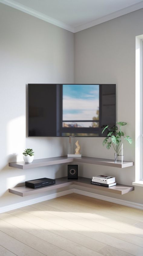 12 Hidden TV Ideas for Corner Spaces to Maximize Style and Functionality – Balanced Home Living Small Tv Corner Ideas, Flat Wall Tv Ideas, Corner Tv Swivel Mount, Corner Tv Floating, Tv In A Small Living Room, Tv On Wall With Floating Shelves, Tv Hung In Corner, Ikea Tv Wall Unit Ideas Bedroom, Flushed Tv Wall