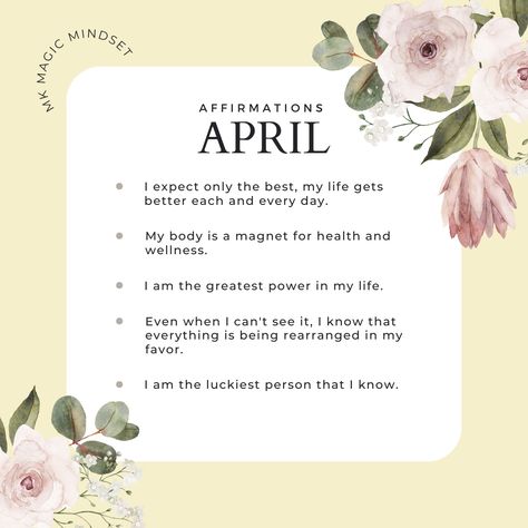 Here are some affirmations to play around with this month. Comment below and let me know which one is your favorite and which one resonates with you the most. #mkmagicmindset #affirmationsoftheday #affirmationoftheday #monthlyaffirmation #affirmationpositive #positiveaffirmations #aprilaffirmations April Manifestation, April Affirmations, Monthly Affirmations, Life Gets Better, Affirmation Of The Day, Affirmations For Happiness, Monthly Goals, Happy Words, April 2024