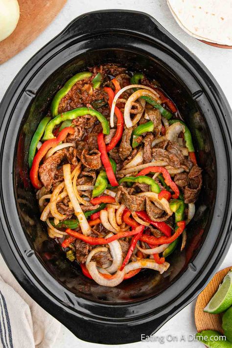 Slow Cooker Steak Fajitas Recipe Steak Fajitas Crockpot, Slow Cooker Steak Fajitas, Sausage And Peppers Crockpot, Crockpot Steak Recipes, Crockpot Fajitas, Crockpot Pepper Steak, Easy Steak Fajitas, Slow Cooker Steak, Crockpot Steak