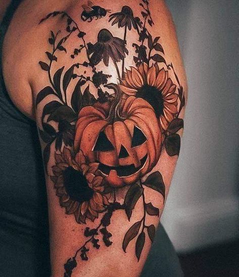 Halloween Themed Thigh Tattoos, Female Halloween Tattoos, Halloween Tattoo Women, Halloween Witch Tattoo Ideas, Large Halloween Tattoo, Spooky Shoulder Tattoos For Women, Halloween Theme Sleeve Tattoo, Spooky Fall Tattoos, Cute But Spooky Tattoos