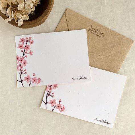 Pink Cherry Blossom Note Cards. Floral Personalized Stationery. Eco Friendly Gifts. Set of 10. Note Card Sets Handmade, Fancy Envelopes, Life Essentials, Teachers Day Card, Cute Envelopes, Paper Wall Hanging, Pink Cherry Blossom, Creative Birthday, Teachers Day Gifts