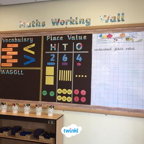 What a fantastic and interactive Maths Working Wall from Twinkl member, Joanna!   #display #classroomdisplay #workingwall #maths #education #backtoschool #twinkl #twinklresources Primary Maths Display, Numeracy Classroom Display, Working Wall Display Ks1, Ks1 Maths Working Wall, Classroom Displays Primary Ks1, Interactive Maths Display, Primary 6 Classroom, Year 3 Maths Working Wall, Year 5 Maths Display