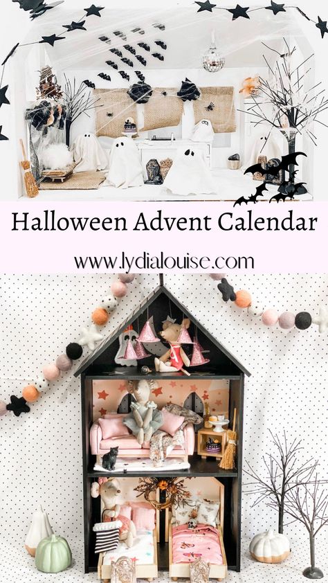 I decided to decorate this cute little spooky dollhouse for the girls for halloween this year, and surprised them with it the other day. Maileg Halloween, Spooky Dollhouse, Halloween Advent Calendar, Halloween Dollhouse, Halloween Mouse, Scream Halloween, Halloween Paper Crafts, Pastel Halloween, Mouse House