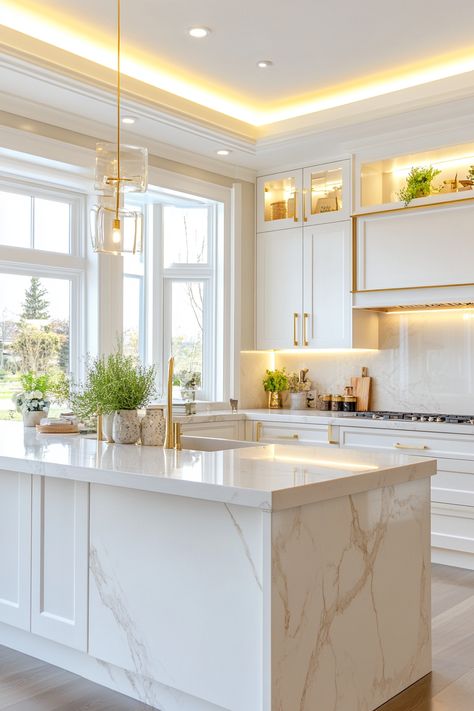 Discover the latest kitchen design with stunning white cabinetry and marble countertops that blend seamlessly with golden accents. This chic and contemporary space is perfect for culinary enthusiasts, combining both style and functionality. #kitchendesign #interiordesign #homedecor All White Marble Kitchen, Cream White Gold Kitchen, White Kitchen Aesthetic Modern, Modern White And Gold Kitchen, Marble Kitchen Island Ideas, French Contemporary Home Interiors, Kitchen Design White And Gold, White And Golden Kitchen, White And Gold Granite Countertops