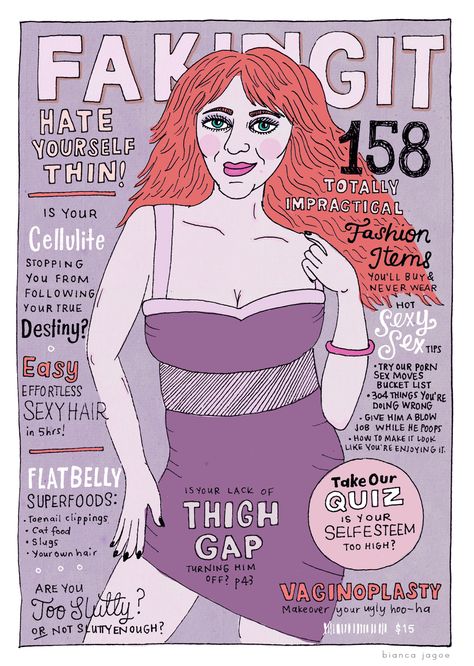 Fake Womens Magazine Covers | Bianca Jagoe Toxic Beauty Standards Illustration, Beauty Standards Illustration, Vogue Covers Art, Fake Magazine Covers, Love Your Body Quotes, Zine Cover, Womens Magazine, Zine Ideas, Yearbook Cover