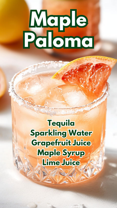 Maple Paloma Paloma Cocktail With Vodka, Vodka Punch Recipes Parties, Paloma Cocktail Vodka, Classic Paloma Cocktail, Paloma Drink Tequila, Paloma Cocktail Tequila, Fall Cocktails Easy, Sparkling Water Cocktail, Maple Cocktail