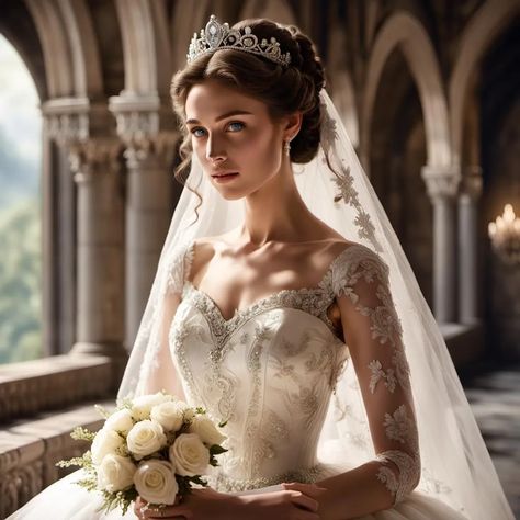 Bride in white lace dress, veil, bun, tiara, roses, altar. Veil And Crown Bridal Tiara, Bride With Tiara And Veil, Bride Hair Updo With Veil And Tiara, Wedding Veil Tiara, Tiara Veil Wedding, Wedding Crowns With Veils, Hair Down With Tiara, Updo With Tiara And Veil, Tiara And Veil Wedding Hair