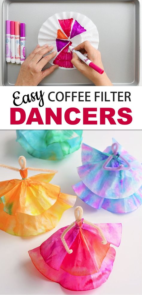 Coffee Filter Dancers, Mr Sketch, Diy Coffee Filter, Babysitting Crafts, Dance Crafts, Coffee Filter Crafts, Summer Camp Crafts, Diy Bricolage, Washable Markers