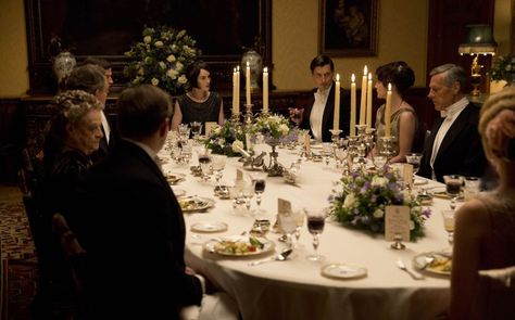 Episode 7: Lord Merton's children, Tim and Larry, cause a stir at dinner in the Downton household. Downton Abbey Party, Downton Abbey Wedding, Formal Dinner Table, Christmas Cookbook, Downton Abbey Fashion, Downton Abby, Festive Dinner, Mystery Party, Dinner Themes