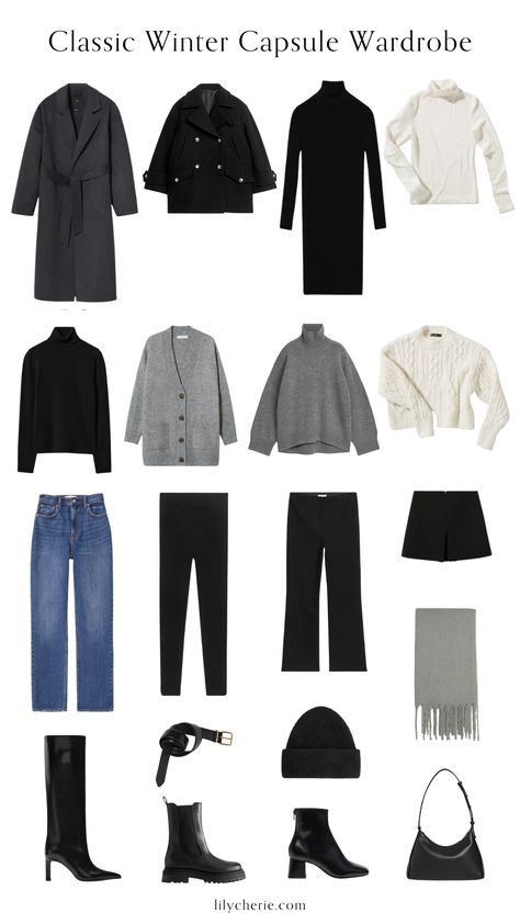 Cold Color Outfits, Key Items For Your Wardrobe, Edgy Outfits Capsule, Parisian Winter Capsule Wardrobe, Chic Classic Outfits, Classic Winter Capsule Wardrobe, Elegant Chic Outfits Classic Style, Winter Capsule Outfits, Winter Basics Wardrobe