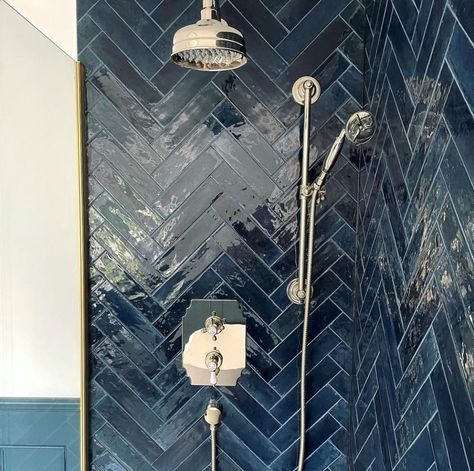 Zellica™ Ink Blue Tile | Topps Tiles Blue Tiled Bathroom, Blue Herringbone Tile, Bathroom 2023, Dark Blue Tile, Workers Cottage, Bronze Tiles, Spa Style Bathroom, Tiled Wall, Tiled Bathroom