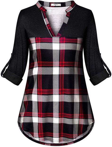 Viracy Womens 3/4 Roll Sleeve Shirt Notch V Neck Loose Pattern Tunic Top (Medium, A-Red Black) at Amazon Women’s Clothing store: Umgestaltete Shirts, Check Shirts, Style Guru, Plaid Tunic, Kurti Neck Designs, Tunic Pattern, Uk Clothing, Polo Top, Frock Design