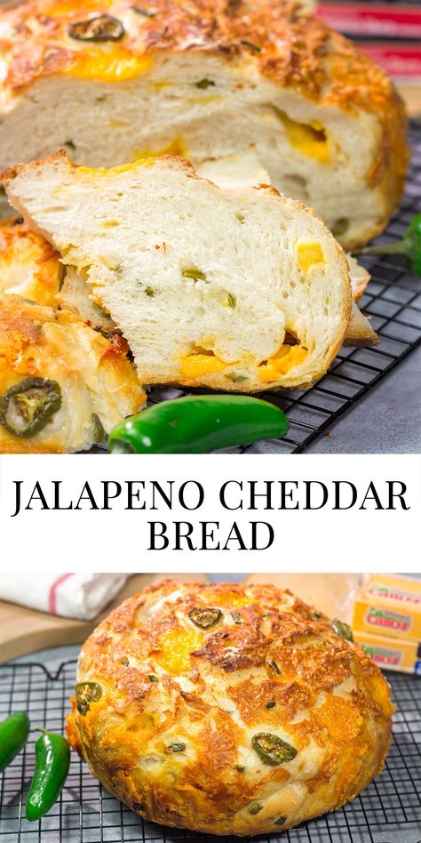 Use dill pickles instead of jalapeños 😋 Bread Recipes Jalapeno Cheese, Jalapeno Cheddar Bread Sandwich, Jalepeno Cheesy Bread Bread Machine, Easy Jalapeno Bread Recipes, Jalapeños Bread Recipes, Jalapeño Cheese Artisan Bread, Artisan Jalapeno Cheddar Bread, Dutch-oven Jalapeño Cheddar Bread, Jalapeños Cheddar Bread