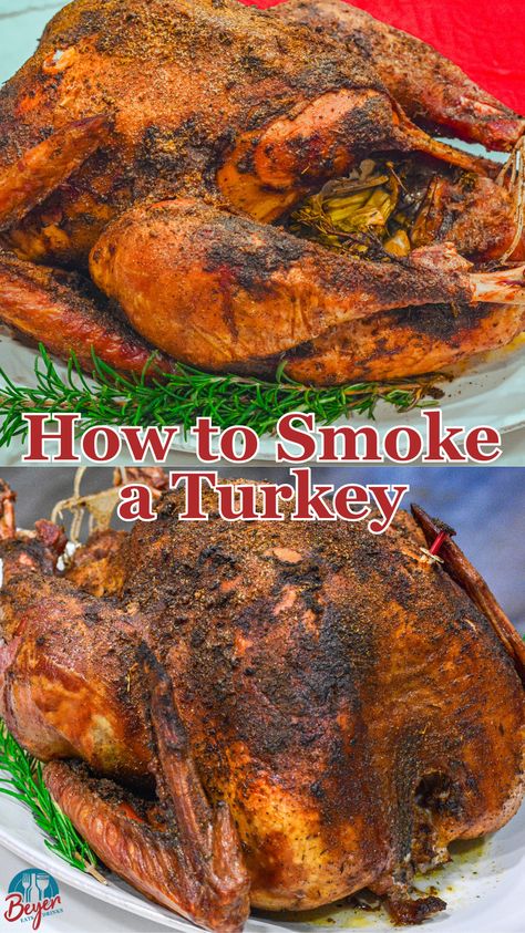 This Thanksgiving, take your turkey to the next level with brining and smoking. Brining keeps the meat incredibly moist and seasoned while smoking infuses it with a delicious smoky flavor. If you're ready to elevate your turkey game and impress your guests with a moist and flavorful bird, then brining and smoking the turkey is the way to go. Follow these simple steps for the best smoked turkey recipe you've ever tasted! #smoker #biggreenegg #thanksgiving #turkey Smoked Turkey Recipes Thanksgiving, Slow Cooker Whole Turkey, Smoked Turkey Brine, Smoked Whole Turkey, Turkey Smoked, Whole Turkey Recipes, I Heart Recipes, Bbq Turkey, Turkey Brine Recipes