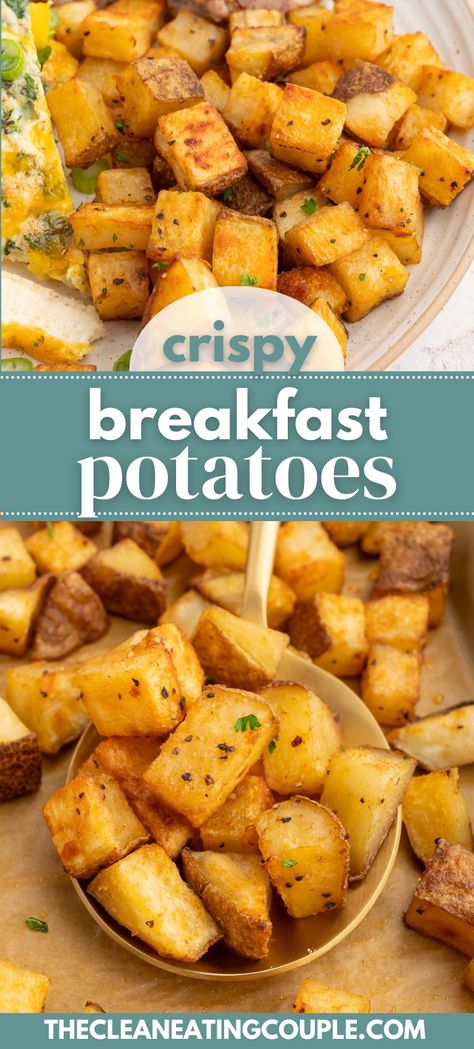 The Best Crispy Breakfast Potatoes! These crunchy potatoes go with any breakfast and are easy to make in the oven with only 7 ingredients. They are the best easy breakfast side dish! Breakfast Potato Wedges, Fried Potatoes For Breakfast, Potatoes For Breakfast Burritos, Recipes For Breakfast Potatoes, Cast Iron Breakfast Potatoes, Christmas Brunch Potato Recipes, Potato Recipe For Breakfast, Roasted Hashbrown Potatoes, Breakfast Potatoes Russet