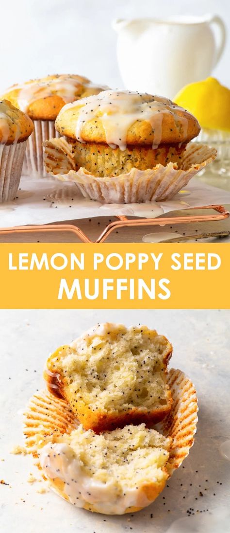 Lemon Poppy Seed Muffins (Gluten Free) - You will LOVE these lemon poppy seed muffins, with their fluffy, moist, flavour-packed interior, the gorgeous tall bakery-style muffin top and the tangy lemon icing. They’re super easy to make and gluten free! Gluten free muffins. Gluten free dessert recipes. Lemon desserts. Easy muffin recipe. Gluten free breakfast recipe ideas. Easy dessert recipe. Lemon drizzle. #muffins #glutenfree Fruit Basket Cake Recipe, Lemon Poppyseed Muffins Easy, Fruit Basket Cake, Lemon Poppy Seed Muffins Healthy, Baking Spring, Poppy Seed Muffin Recipe, Lemon Poppy Seed Muffins Recipe, Poppyseed Muffins, Spring Breakfast