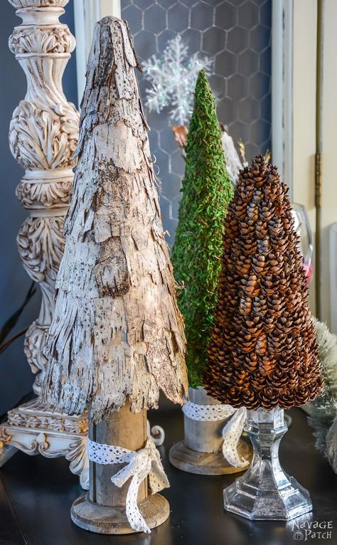 Birch Bark and Pine Cone Trees - TheNavagePatch.com Bark Diy Projects, Tree Bark Art, Pine Cone Trees, Tree Bark Crafts, Birch Wood Crafts, Cone Topiary, Birch Bark Crafts, Birch Craft, Pine Cone Tree