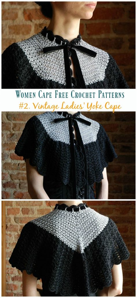 Vintage Ladies' Yoke Cape Crochet Free Pattern - Women #Cape; Free #Crochet; Patterns Crochet Vintage Shawl, Historical Crochet Patterns, Vintage Crochet Ideas, Crochet Lace Collar Pattern Free, Cottagecore Knitting Patterns, Vintage Crochet Patterns Free, Collar Crochet Pattern, Crochet Capelet Pattern, Cape Crochet