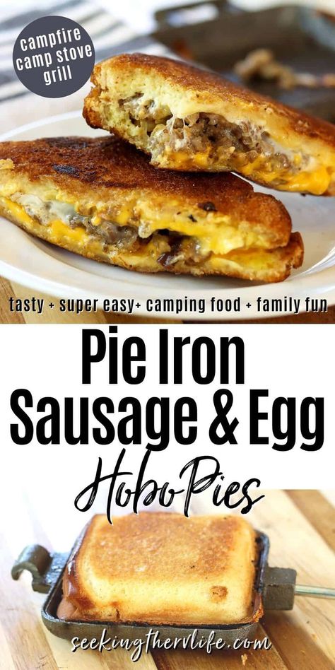 Breakfast Mountain Pies, Breakfast Pudgy Pies, Hobo Pie Iron Recipes, Breakfast Pie Iron Recipes, Pie Iron Breakfast Recipes, Best Camping Appetizers, Pudgie Pie Recipes Camping, Campfire Sandwich Pie Iron Recipes, Mountain Pies Campfire