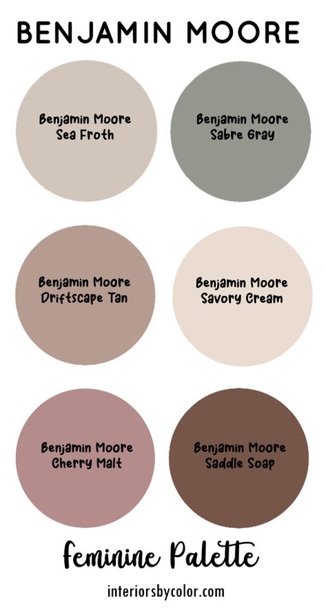 Benjamin Moore Feminine Color Palette - Interiors By Color Benjamin Moore Earthy Paint Colors, Benjamin Moore Mauve, Mauve Paint Colors Benjamin Moore, Color Palette With Mauve, Feminine Whole House Paint Palette, Mauve Palette Colour Schemes, Benjamin Moore Palette, Mauve Office Walls, Earthy Pink Color Palette