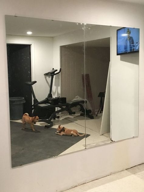 Gym Mirror Wall, Big Mirror In Bedroom, Home Gym Mirrors, Diy Mirror Wall, Gym Mirror, Gym Mirrors, Hang Pictures, Gym Room At Home, Wall Material