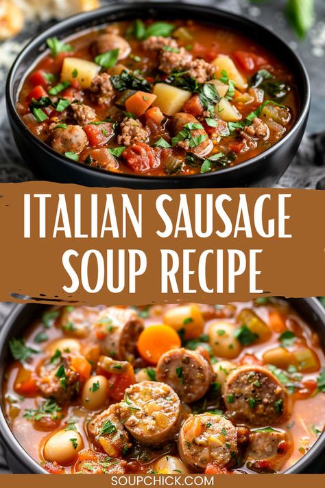 Warm your soul with our hearty Italian Sausage Soup recipe! Packed with savory Italian flavors, this comforting dish is perfect for chilly days. Serve with crusty bread for a satisfying meal that will transport you to the heart of Italy!   #ItalianSausageSoup #ComfortFood #HomemadeSoup #ItalianFlavors #RecipeInspiration #CookingIdeas #FoodieFinds #HeartyMeals #TasteOfItaly Italian Sausage Recipes Soup, Italian Sausage Soup Recipes, Sausage Vegetable Soup, Italian Soup Recipes, Crockpot Soups, Sausage Soup Recipes, Hearty Soup Recipes, Soup Chili, Simple Family Meals