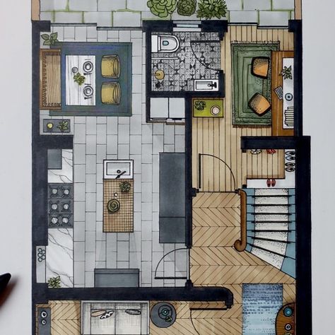 Floor Plan Sketch, Interior Design Sketchbook, Rendered Floor Plan, Furniture Design Sketches, Architecture Drawing Plan, Interior Design Renderings, Interior Design Plan, Interior Architecture Drawing, Drawing Interior