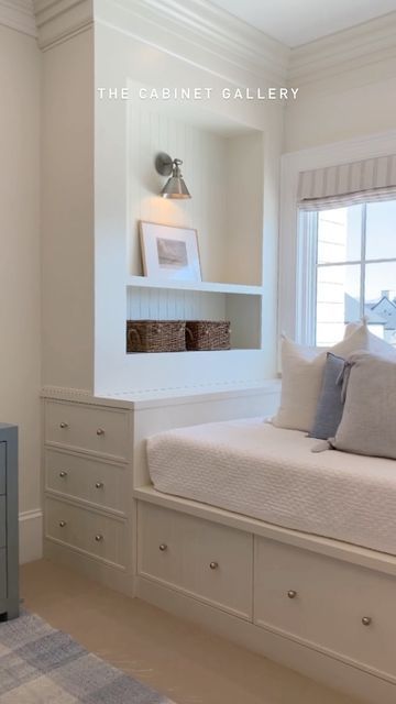 Built In Bed Around Window, Shared Bedroom Built Ins, Built In Around Daybed, Daybed With Built In Shelves, Custom Storage Bed, Built In Bed By Window, Twin Cabinet Bed, Bed Around Wardrobe, Bedroom Window Built Ins