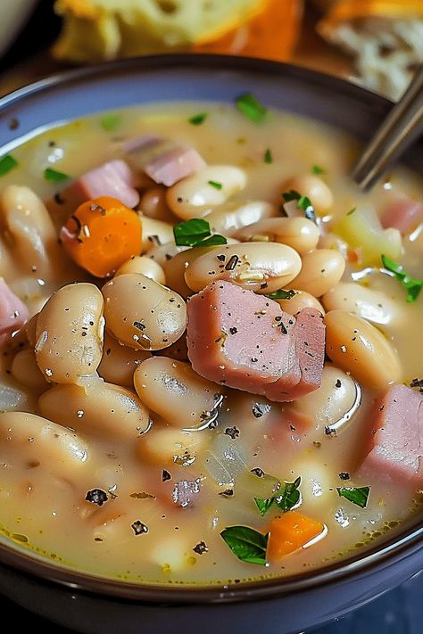 Ham and Bean Soup Ham Hock And White Bean Soup, Bean With Ham Soup Crock Pot, Ham And Bean Soup With Dumplings, Bean Ham Hock Soup, Easy Ham And Bean Soup Using Canned Beans, Soups Using Ham, Good Soups To Freeze, Easy Healthy Soup Recipes Quick, Ham Chili Recipe