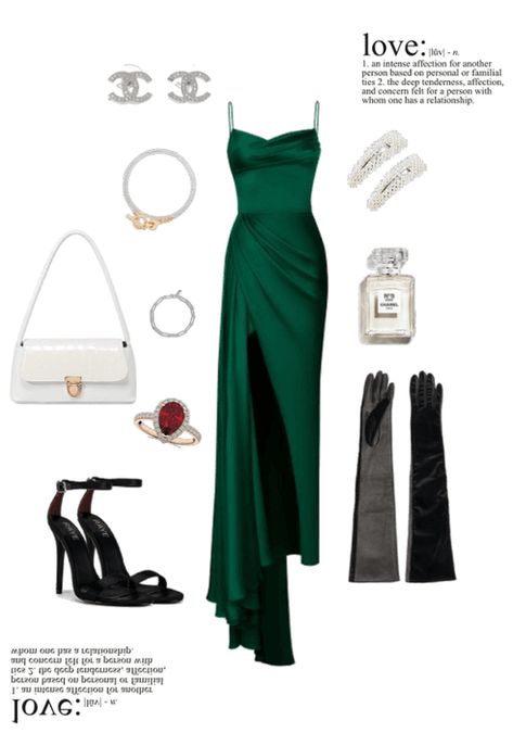 Long dress, green dress, jewelry, elegant, boujee, luxurious, channel Dress With Gloves Classy, Prom Dress With Gloves, Dresses With Gloves, Elegant Green Dresses, Green Dress Outfit, Dress And Gloves, Dress With Gloves, Mode Hipster, Long Green Dress