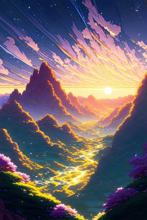 Simplicity in Artistic Expression: Painting Ideas Sunrise Fantasy Art, Sunrise Digital Art, Rising Sun Wallpaper Aesthetic, Fantasy Setting Art, Magical Landscape Painting, Sun Pictures Art, Fantasy Background Art, Fantasy World Drawing, Light Fantasy Art