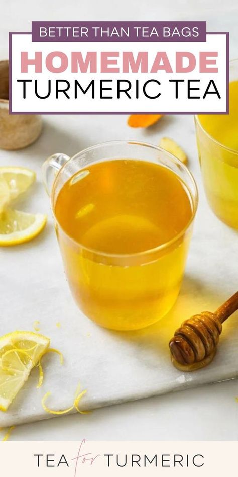 Forget store bought teabags and say hello to a homemade turmeric tea that’s not only healthy, but also a delight for the palate. With a dash of ginger and lemon, this homemade tea recipe will add a zest to your day that's hard to resist. It’s all about the freshness and flavor of this turmeric tea recipe. How To Make Turmeric Tea, Diy Turmeric Tea, Milk And Turmeric Benefits, Ginger And Turmeric Tea Benefits, Turmeric Tea Mix Recipe, Tumeric For Inflammation Tea Recipes, Fresh Tumeric And Ginger Tea, Turmeric Recipes Teas, Fresh Tumeric Ginger Tea