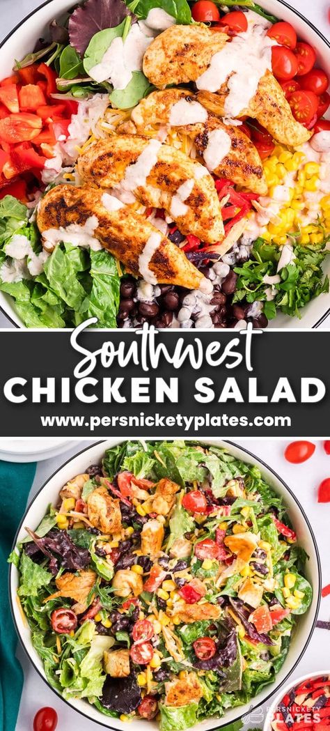 This fresh Chick-fil-A salad is a perfect copycat! Southwest chicken salad starts with spicy grilled chicken, mixed with fresh veggies, topped with a spicy-sweet salad dressing, and finished with crunchy tortilla strips. This colorful salad is loaded with southwest flavors and plenty of texture! | www.persnicketyplates.com Loaded Chicken Salad, Chicken Salad With Peanut Dressing, Creamy Salsa Dressing, Sweet Salad Dressings, Southwest Salad Recipe, Salsa Dressing, Sweet Salad, Persnickety Plates, Grilled Chicken Strips