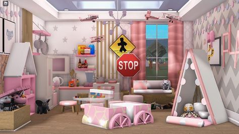 Ambrosial Decals, Todler Room, Bloxburg Decor, Pastel Kids Room, Bloxburg Rooms, Luxury Baby Room, Bloxburg Hacks, Wallpaper Decals, Writing Room