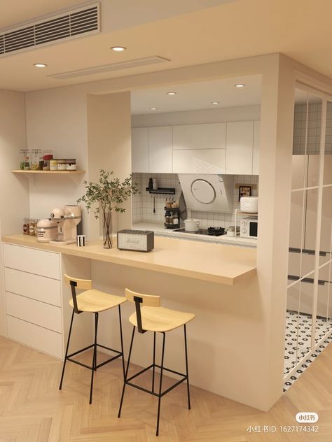 Aesthetic Condo Design, Small Aesthetic Kitchen Ideas, Small Unit Decor Ideas, Muji Tiny House, Town House Interior Design Ideas, Aesthetic Kitchen Small, Eating Table Dining Rooms, Kitchen Design Without Upper Cabinets, Small Kitchen Condo