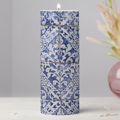 Portuguese Tiles - Azulejo Blue and White Floral Pillar Candle - Portugal gift idea Spanish Pattern, Tile Artwork, Traditional Tile, Portuguese Tiles, Outdoor Floor Lamps, Blue And White Floral, Blue Tiles, Home Candles, Pillar Candle