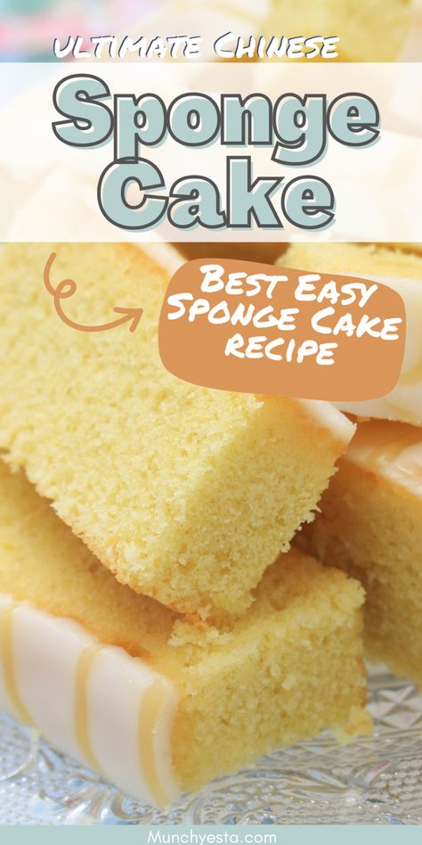 Slices of fluffy sponge cake on a table Korean Sponge Cake, Sponge Cake Filling Ideas, Recipe For Sponge Cake, Asian Sponge Cake, Mini Chinese Sponge Cake, Perfect Sponge Cake Recipe, Chinese Sponge Cake Recipe, Chinese Sponge Cake, Sponge Cake Recipe Best