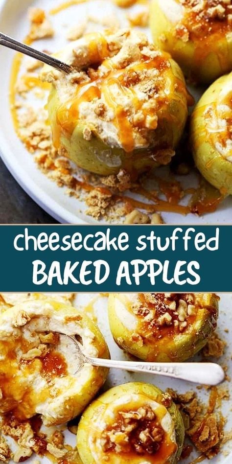 Enjoy the taste of Fall with Cheesecake Stuffed Baked Apples! Fresh apples filled with caramel cream cheese mixture and crowned with a nutty caramel topping. Cheesecake Stuffed Apples, Diethood Recipes, Stuffed Baked Apples, Baked Caramel Apples, Stuffed Apples, Homemade Goods, Simple Family Meals, Apple Recipes Easy, Cream Cheese Desserts