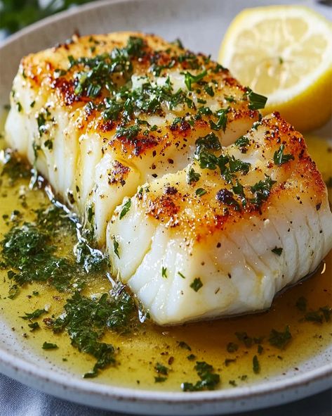 Golden Seared Cod Recipe with Herb Butter Sauce | Easy Meal Crusted White Fish Recipes, Cod Easy Recipe, Butter Poached Fish, Seared Cod With Herb Butter Sauce, Wild Caught Cod Recipes, Cod Lemon Butter Sauce, Cod Lion Fish Recipe, Cod Pasta Recipe, Cod And Chips