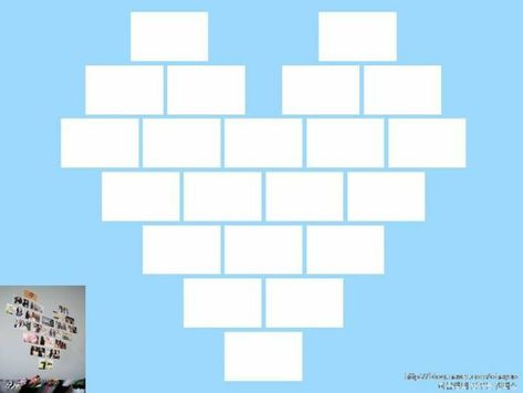 Heart Picture Wall, Photo Heart Wall, Heart Collage Template, Photo Heart Collage, Heart Photo Walls, Dorm Room Decor Diy, Collage Layout, Heart Photo Collage, Wall Collage Decor