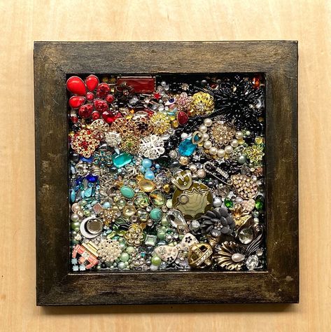 Vintage Jewelry Mixed Media Bling Original Wall Art / Unique Framed Collage of Brooches, Swarovski Crystals, Faux Gems, Pearls, more by BrightSideBeDazzled on Etsy Framed Collage, Hearts Butterflies, Jewelry Frames, Hand Painted Card, Jewelry Christmas Tree, Wall Art Unique, Vintage Jewelry Art, Acrylic Gems, Cactus Art